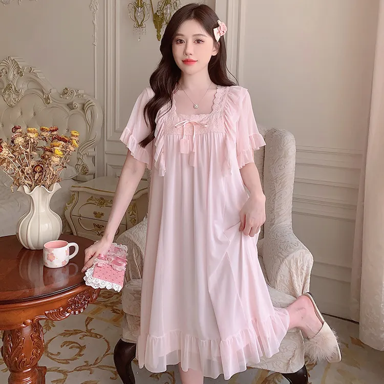 【星】蕾丝网纱睡裙女夏季新款短袖过膝中长款连衣裙家居服6668-2