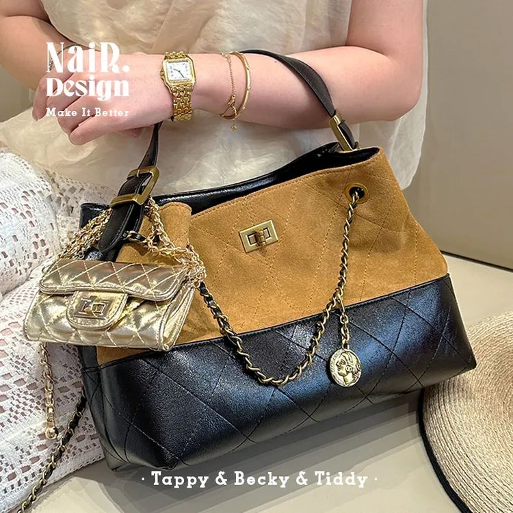 古莉奈尔磨砂牛皮拼接链条包轻奢法式优雅单肩斜挎大容量新款包