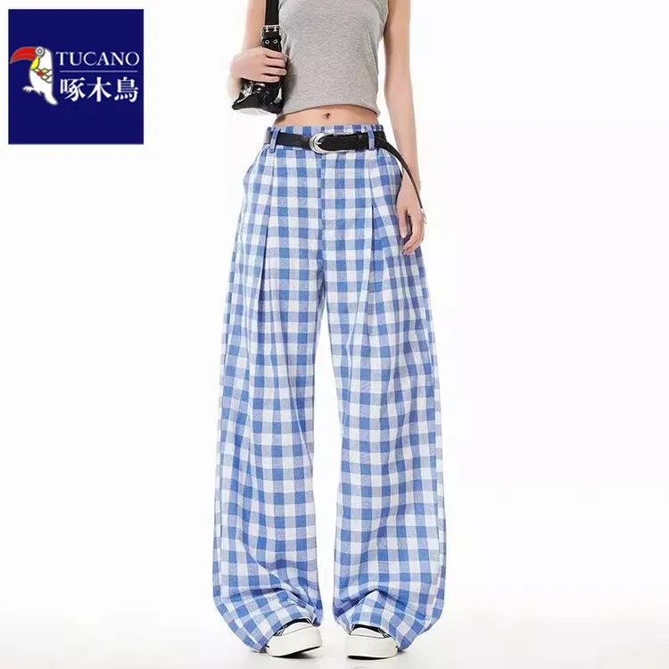 啄木鸟2025夏季百搭休闲格子拖地大码直筒休闲裤中性风长裤子潮流