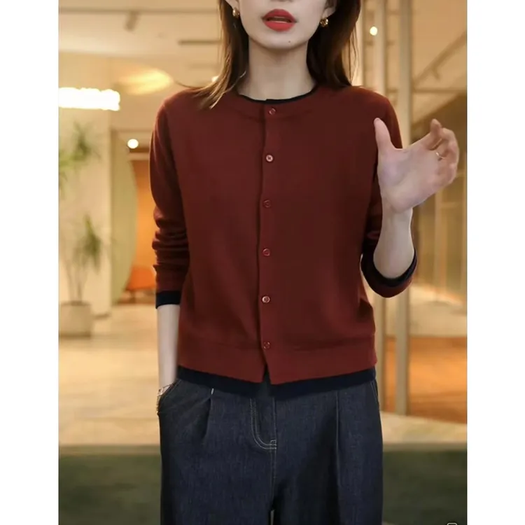 韩系2025春季新款时尚休闲慵懒风假两件圆领长袖针织开衫百搭毛衣