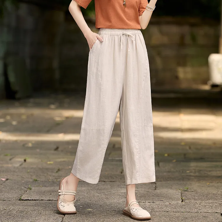亚麻哈伦裤女2025夏季款纯色简约麻料休闲裤文艺时尚松紧腰九分裤