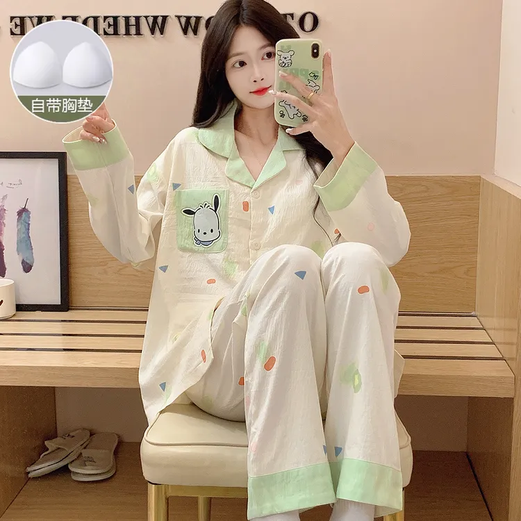 睡衣女士春秋季带胸垫云朵棉2025新款长袖休闲卡通开衫家居服套装
