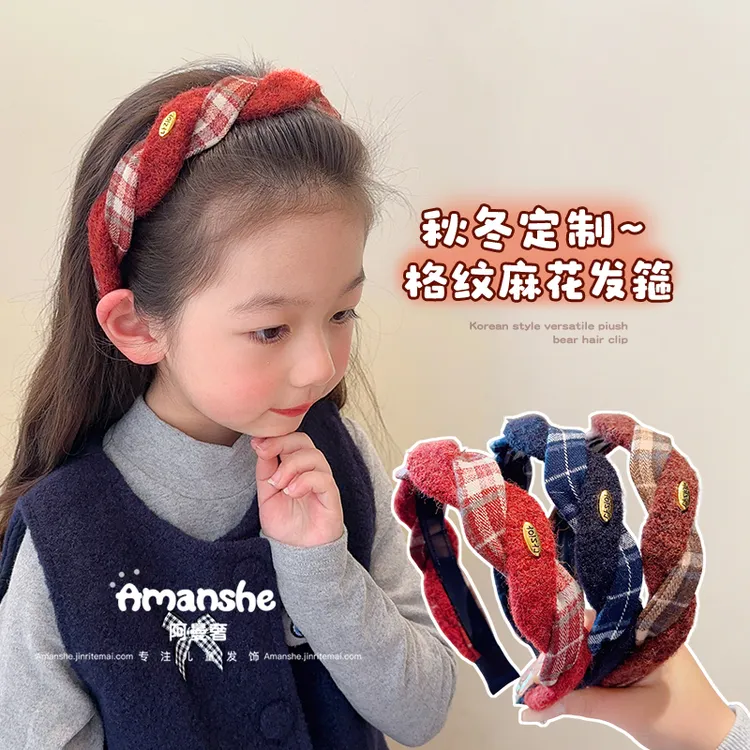 儿童氛围感红色毛呢格纹发箍2025新款小女孩头箍不勒头发卡发饰