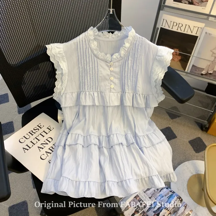 甜妹风荷叶边压褶无袖衬衫女夏新款飞飞袖小衫法式花边领裙摆上衣