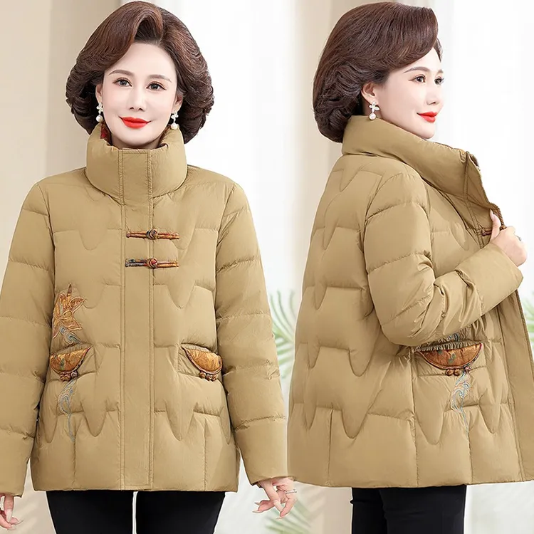 新款中老年服女妈妈款时尚刺绣棉衣女洋气加厚保暖棉袄外套