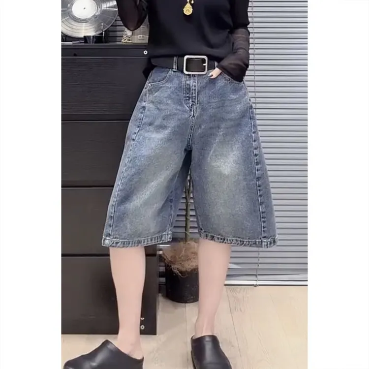 艾塔莉显瘦时尚宽松牛仔短裤女夏季新款胖mm大码阔腿裤遮肉直筒裤