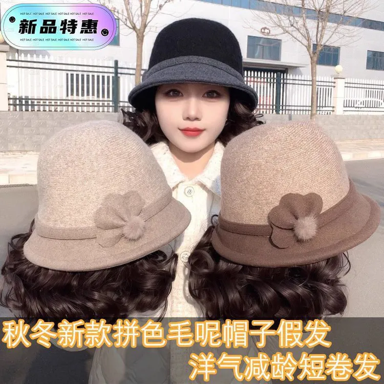 假发女时尚帽子假发一体秋冬季中老年妈妈短卷发帽子带头发仿真发