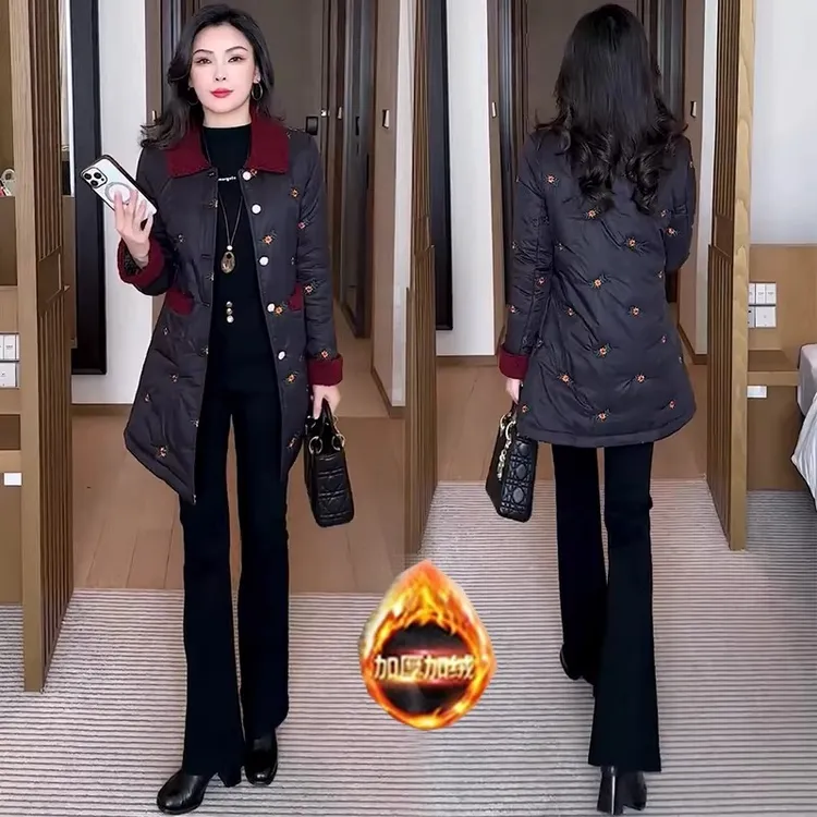 加绒加厚中长款棉服外套女冬季新款洋气显瘦保暖国风刺绣棉袄外套