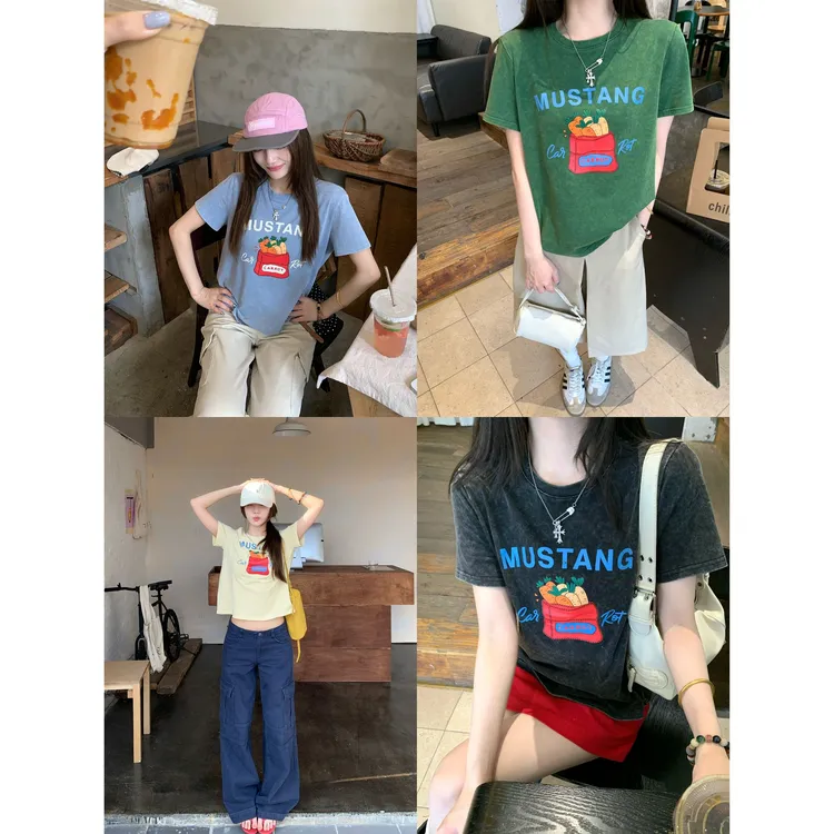Y6265【深海偷菜】夏季新款韩系简约百搭圆领印花短袖T恤洋气上衣女