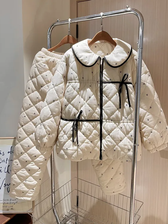 【DMXJ大梦想家】韩系娃娃领蝴蝶结夹棉睡衣女冬菱格保暖家居服套装
