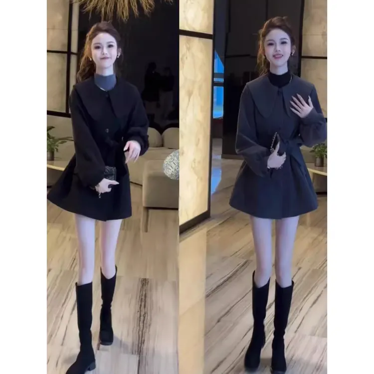 拉夏贝尔娃娃领外套女2025秋季新款时髦收腰显瘦洋气小个子大衣