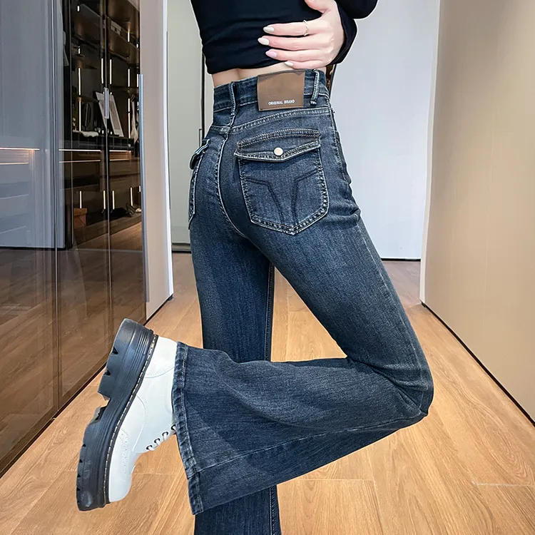 岚霜蓝灰微喇牛仔裤女2025秋冬新款设计感修身显瘦提臀拖地喇叭裤