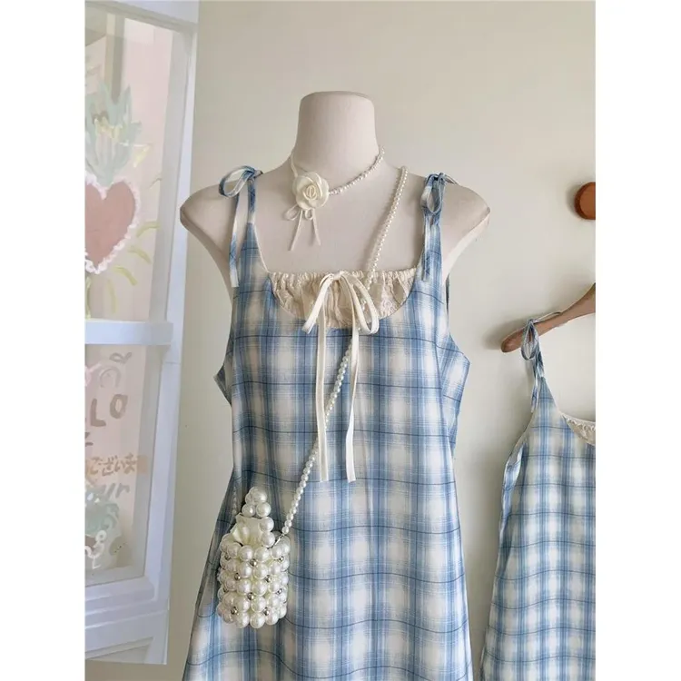 夏季新款大码女装温柔风格纹显瘦假两件连衣裙小众设计感长裙绑带