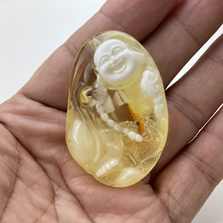蜜蜡吊坠白蜜原石金瓷白蜜文玩蜜蜡佛弥勒佛13.2g50.3/33.3/15.6㎜