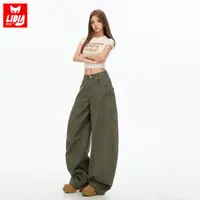 军绿色弯刀工装牛仔裤女秋季高腰显瘦美式高街潮酷慵懒风宽松长裤