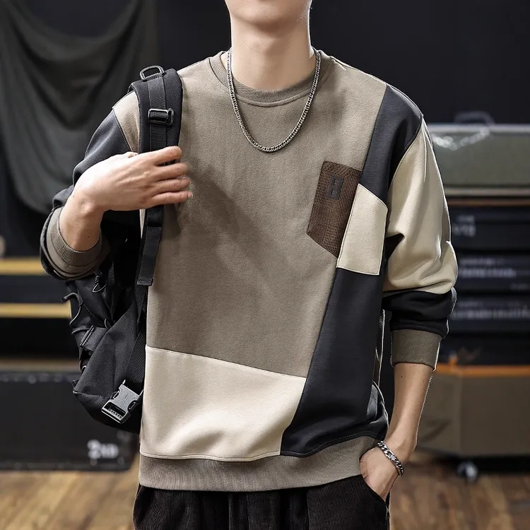 高级感拼色重磅圆领卫衣男2025秋季新款磨毛亲肤内搭打底衫男士潮