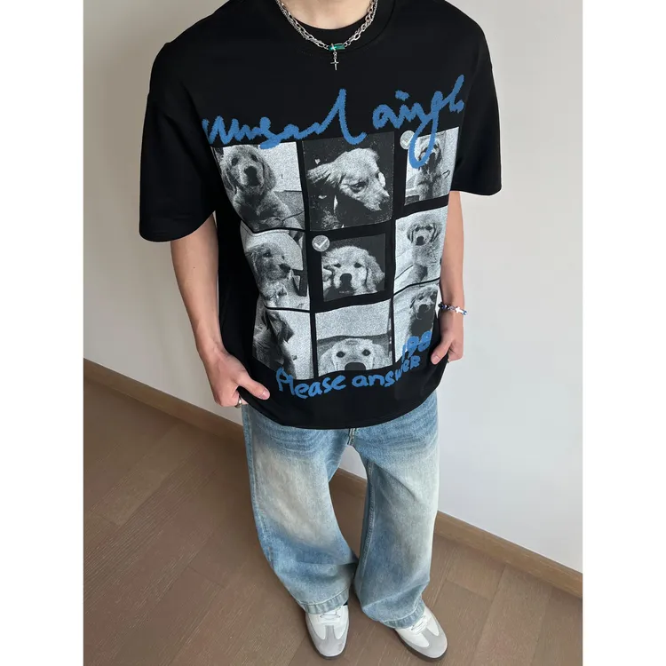 新款美式复古金毛小狗重磅纯棉短袖t恤男夏季宽松休闲vintage上衣