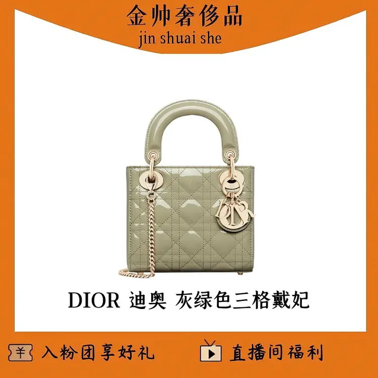 99新 DIOR/迪奥 灰绿色/三格戴妃/漆皮/手提/单肩包/B4258