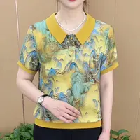 2025山水画薄款娃娃领夏季时尚气质短袖T恤洋气小衫