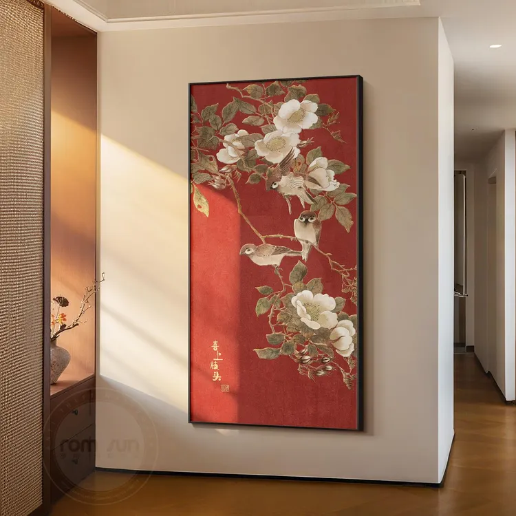 新中式喜上枝头玄关装饰画寓意好入户进门壁画中古风走廊过道挂画