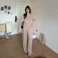 晶咕软软【原生松弛感】韩系休闲设计感荡领长袖上衣+垂感休闲裤