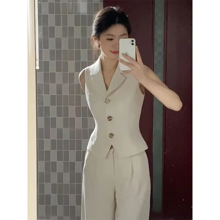 新款夏季简约通勤老钱风通勤时尚套装上衣直筒裤洋气正装气质西装