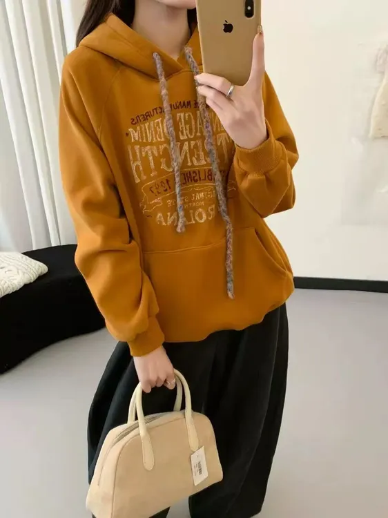 秋冬韩系宽松休闲撞色抽绳印花加绒套头时尚连帽卫衣