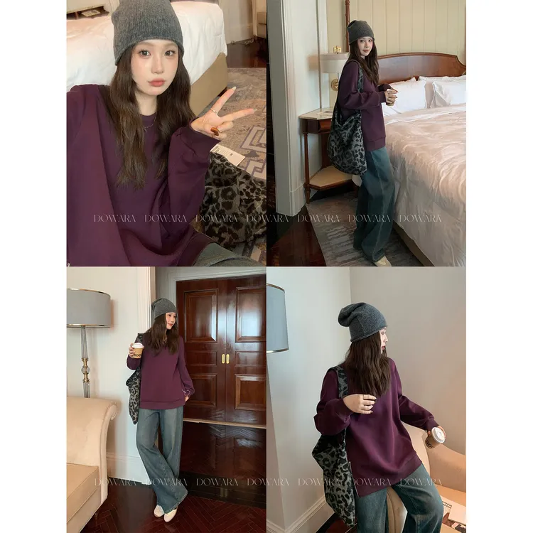 现货大婉酱微胖定制冬季百搭显瘦加绒加厚卫衣正肩圆领上衣 0510D