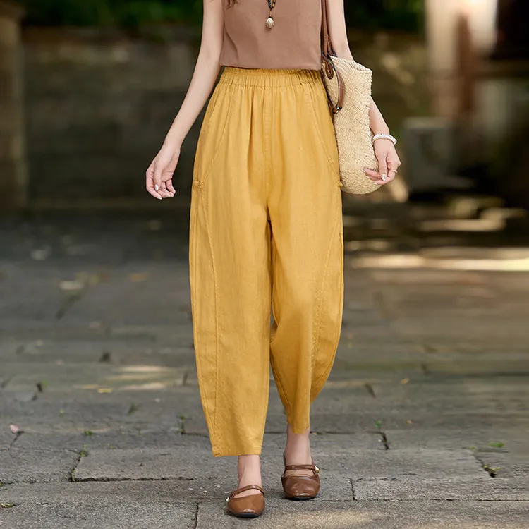 2025夏季新款亚麻纯色盘扣哈伦裤女复古文艺洗水宽松休闲九分裤