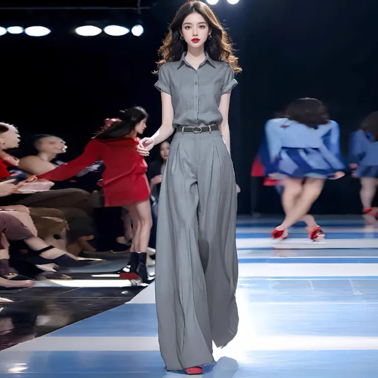 时尚气质套装女2025夏季新款洋气时髦短袖衬衫高腰阔腿裤两件套潮