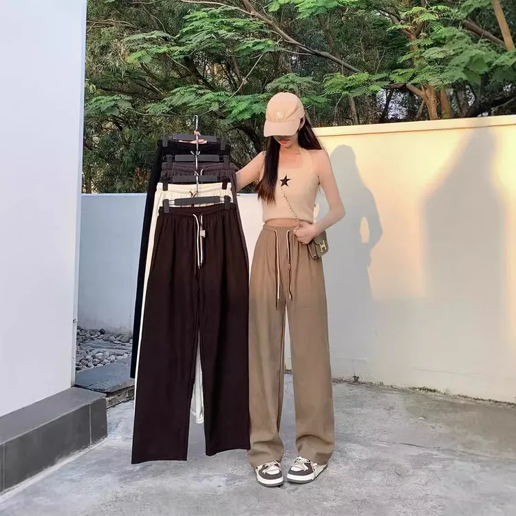 超细条阔腿裤女2024新款高腰垂感拖地裤笑脸抽绳松紧腰直筒休闲裤