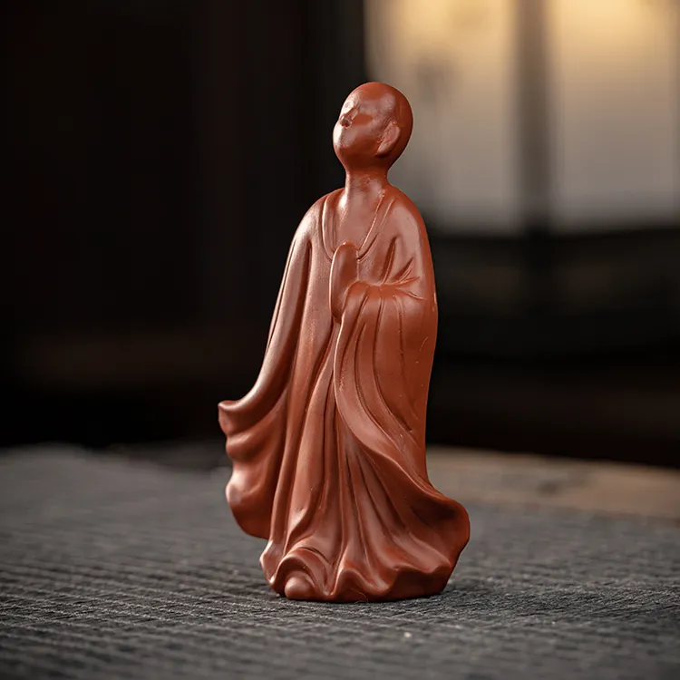 紫砂红泥手工陶瓷雕刻无相佛桌面茶宠小摆件精品高档精致茶室装饰
