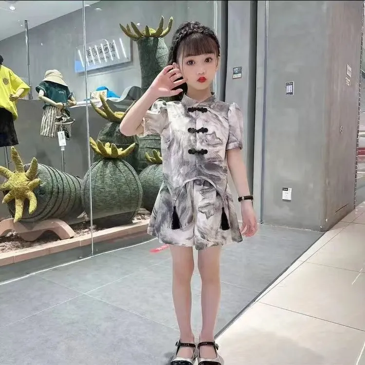 汉服两件套套装水墨画时髦洋气童装女孩童装夏款国风外销中大欧美