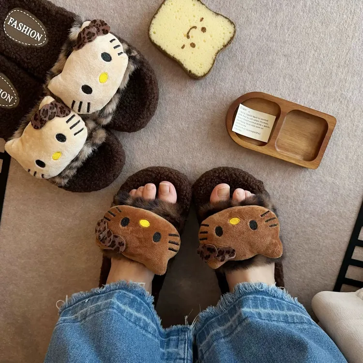 古着豹纹KT猫一字毛毛拖鞋户外穿可爱小众女冬季厚底防滑加绒保暖