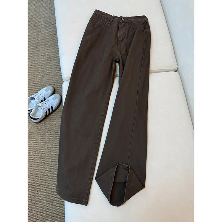 美拉德复古咖色纯棉牛仔裤男大码弹力显瘦微喇裤窄版修身直筒裤子