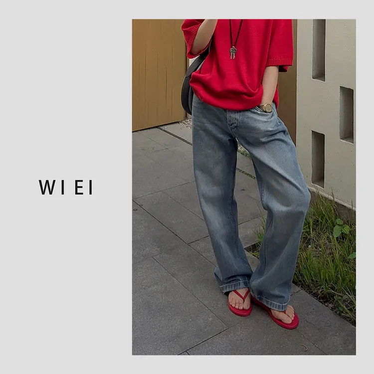 《WI EI》马拉拉蓝牛*做旧系 复古水洗 荃棉 阔腿直筒牛仔裤 5C0301