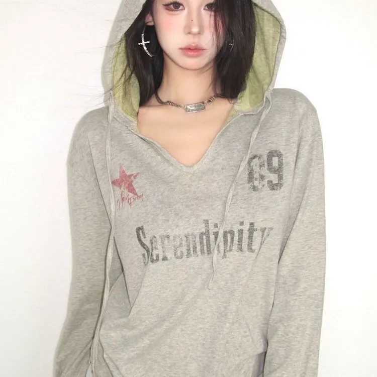 美式辣妹上衣斑驳印花长袖T恤夏季薄款朋克风宽松防晒罩衫带帽子