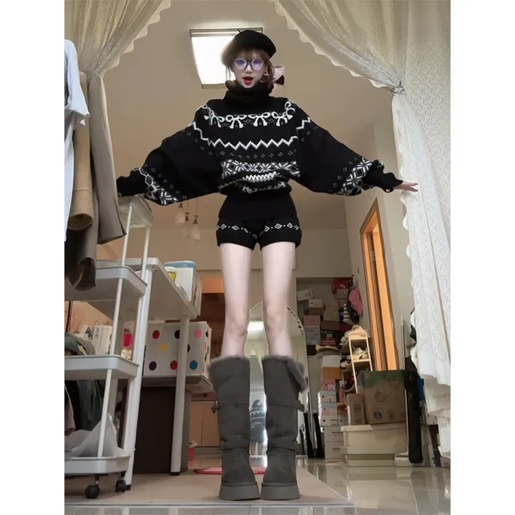 parkyeon秋冬新款美式复古费尔岛高领毛衣针织衫女高腰休闲裤套装