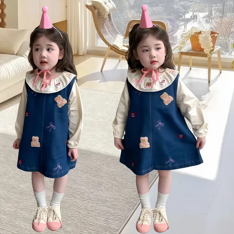 甜美洋气女童连衣裙女宝宝春秋款春装小女孩娃娃领牛仔裙两件套