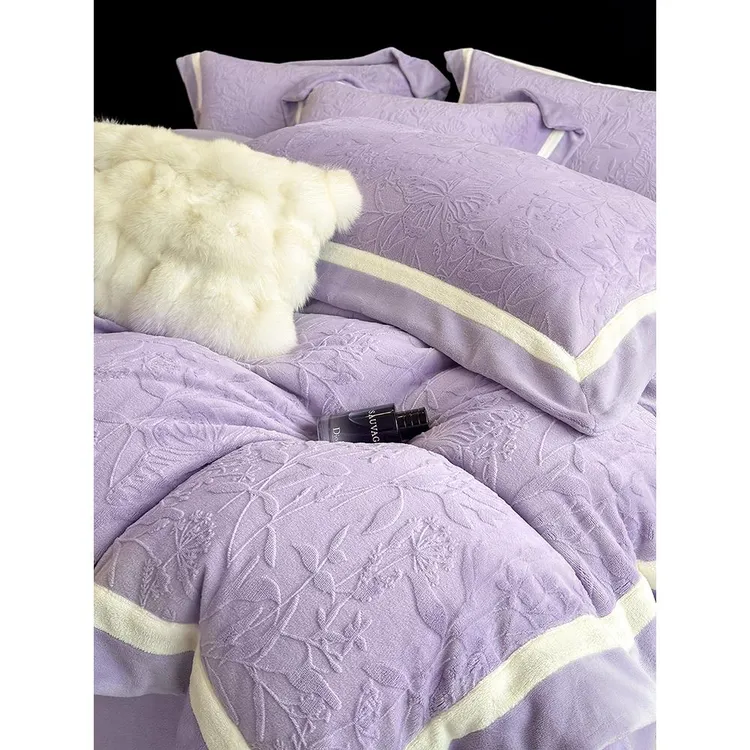 秋冬A类全消光雕花拼角牛奶绒四件套加厚保暖被套床单床笠床上品4