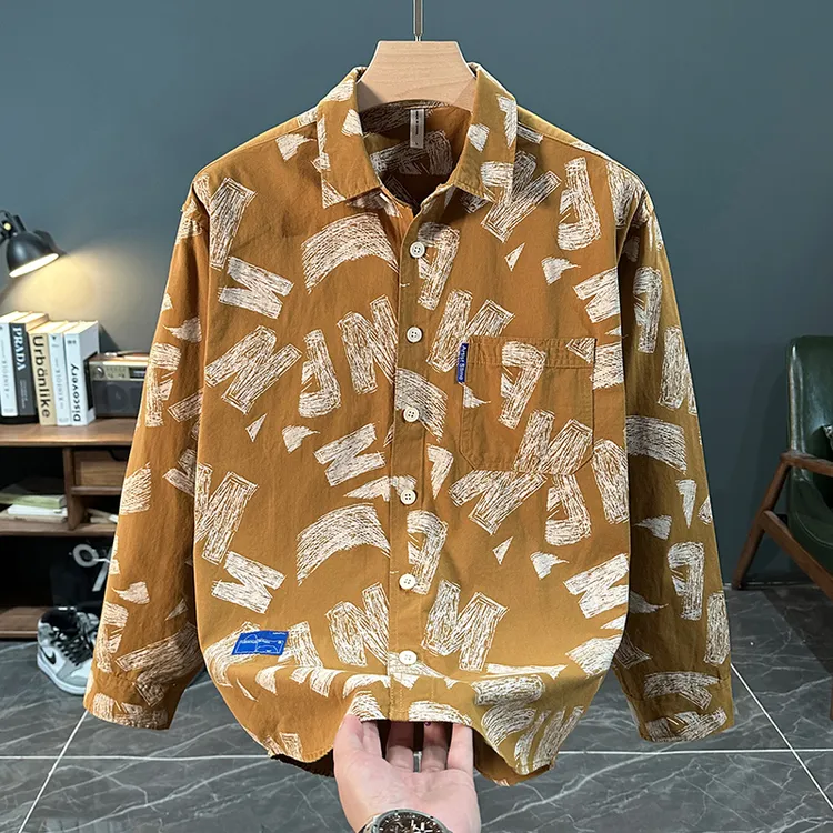 轻奢潮牌字母印花长袖休闲衬衫男士春秋时尚帅气潮流宽松衬衣外套