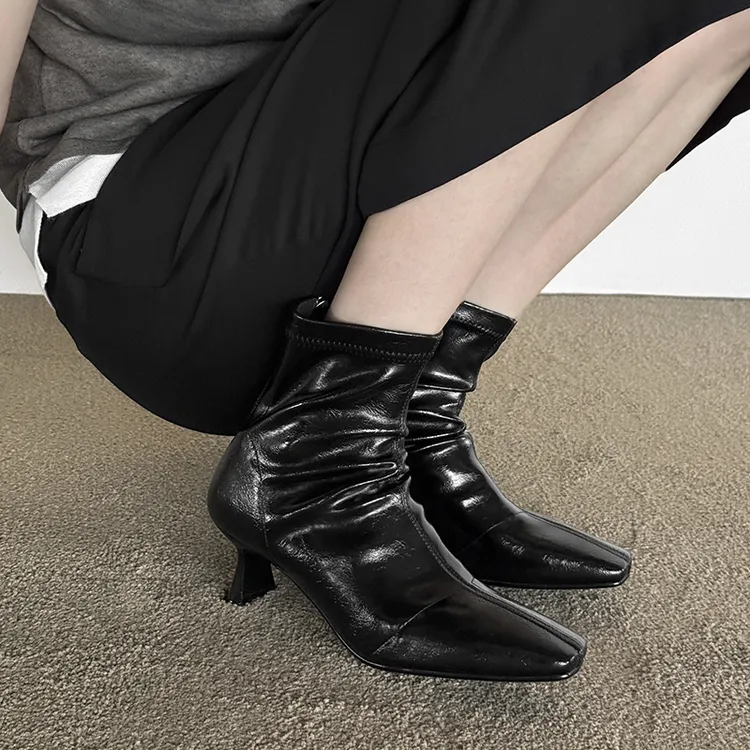 法式气质方头短筒弹力瘦瘦靴女细跟高跟黑色小短靴软皮高级感裸靴
