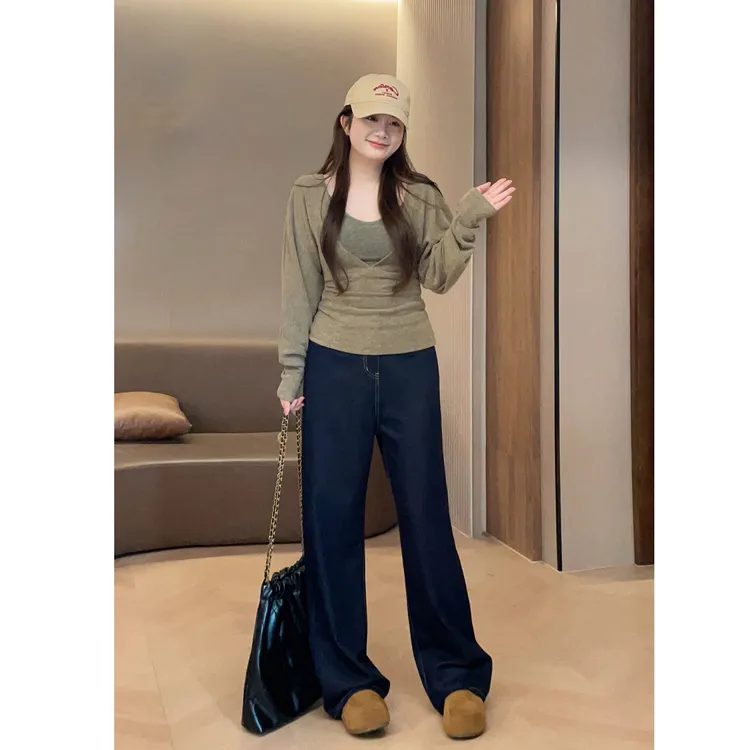 大萌萌 时尚收腰T恤罩衫+吊带+牛仔裤秋冬微胖显瘦套装P225A22192