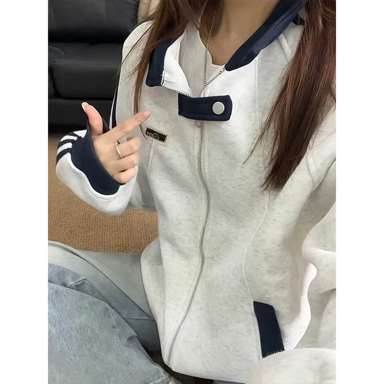 解构条纹立领外套男秋季宽松休闲开衫卫衣潮牌美式中性风运动夹克