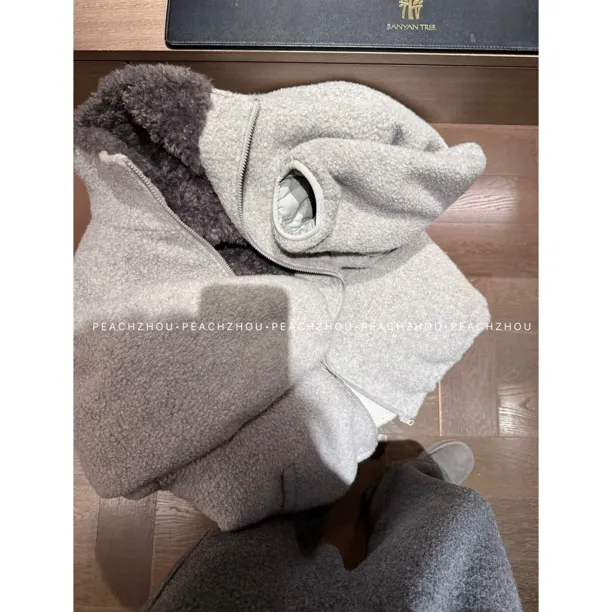 PEACHZHOU 超柔洋羔毛加厚宽松立领拉链外套可调节下摆保暖夹克