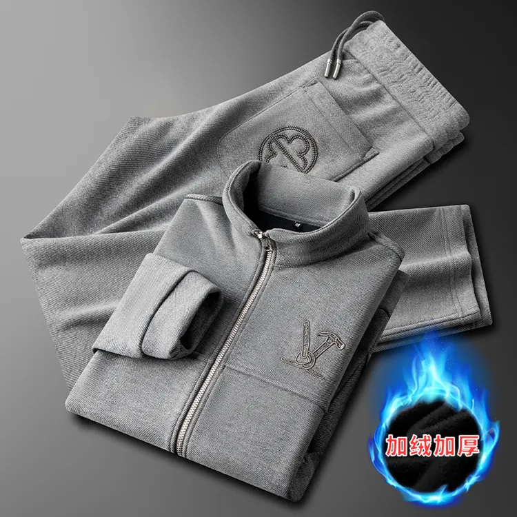 深冬季加绒加厚保暖羊绒休闲运动套装男直筒长裤立领夹克两件套男