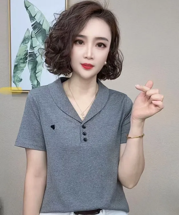 2025洋气百搭减龄女显示短袖翻驳领新款T恤女上衣#96633