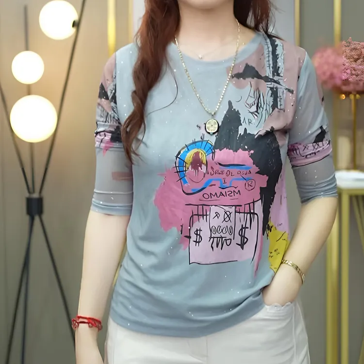 美式涂鸦/减龄复古气质休闲印花百搭圆领长袖透气网纱女装T恤1820
