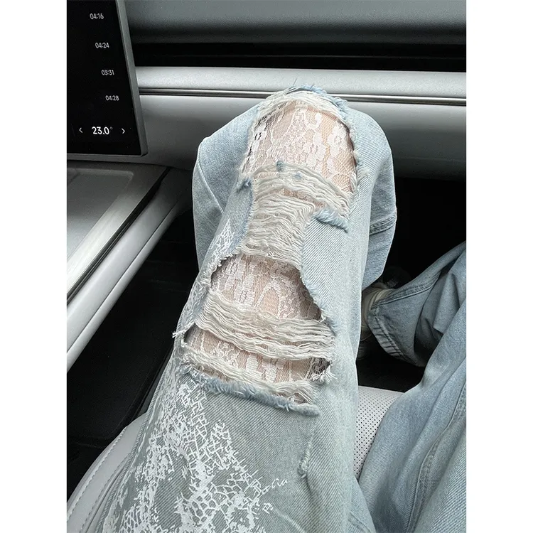 破洞蕾丝阔腿牛仔裤女2025早秋新款时尚设计感显瘦直筒宽松拖地裤