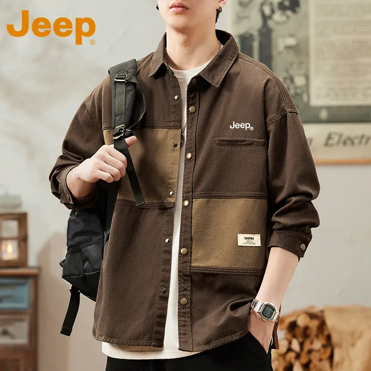 JEEP吉普美式复古长袖衬衫男士春秋季纯棉衬衣秋装痞帅外套上衣服